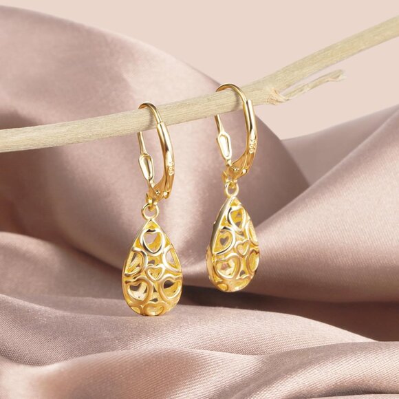 C-14K Gold Plated Dainty Teardrop Dangle Leverback Trendy Earrings for Women - Picture 3 of 7